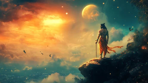 Lone celestial wanderer gazing over a glowing skyscape.