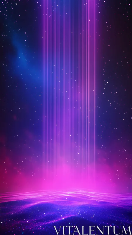 Neon light columns descend over glowing purple cosmic sea