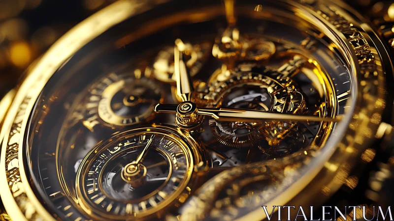 Luminous gold skeleton watch macro with intricate gearing.
