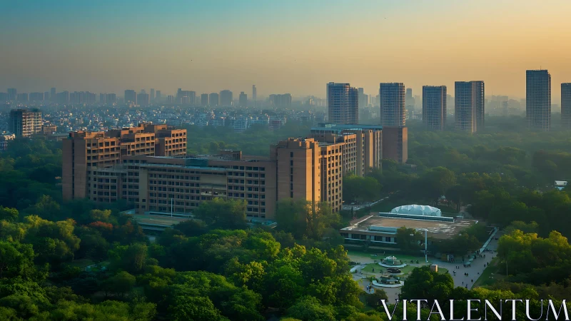 Sunlit urban campus rises above dense green city forest.