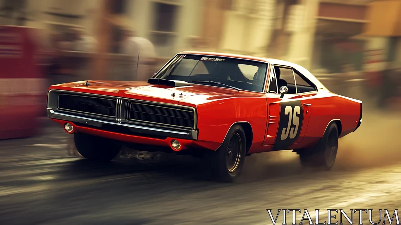 Vintage orange race car drifts through dusty urban street