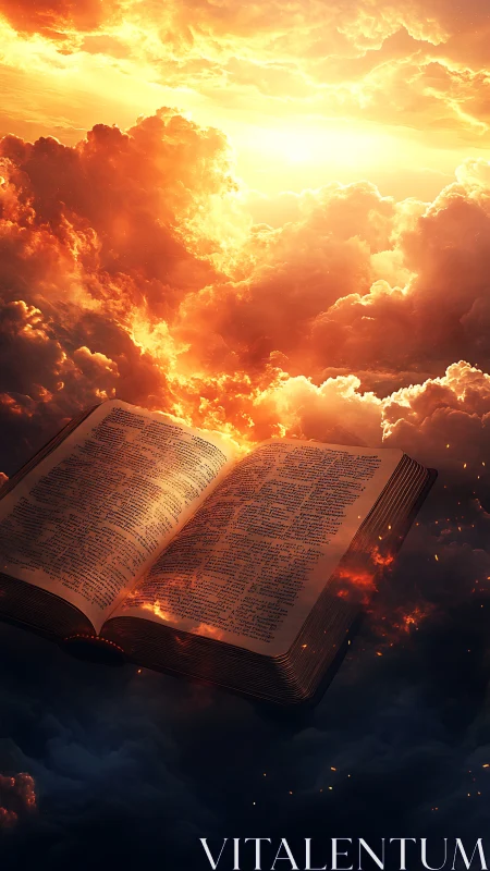Ancient illuminated book levitates amid incandescent storm clouds