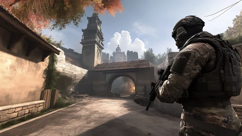 Tactical soldier stalks a quiet stone village under siege.