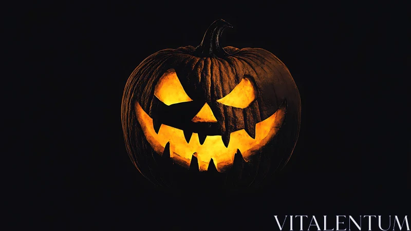 Glowing jack o lantern shows carved face in dark background
