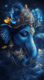 Blue elephant deity portrait glows amid swirling cosmic mist