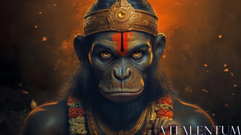 Regal monkey guardian bathed in ember-gold stillness.