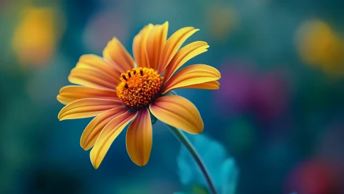 Gerbera daisy with yellow-orange petals against blurred teal background.