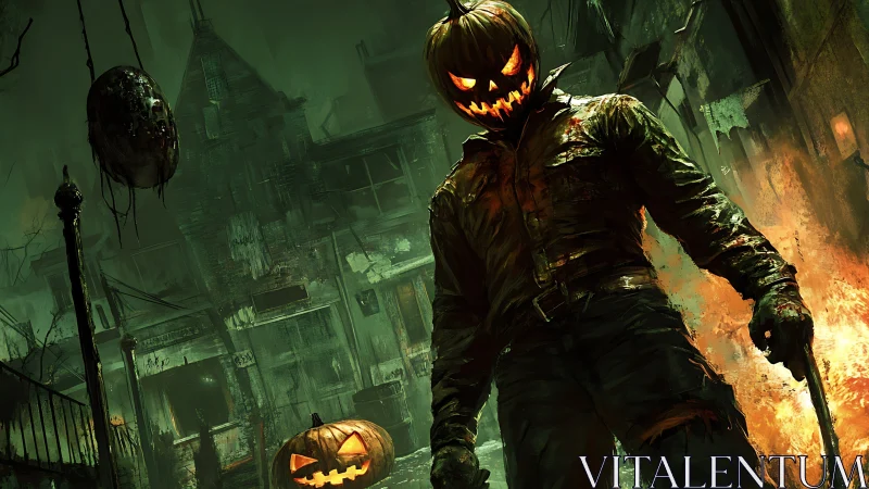 Pumpkin-headed slasher stalks a burning haunted streetscape.