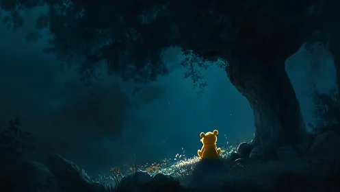 Yellow bear silhouette under moonlit forest tree at night.