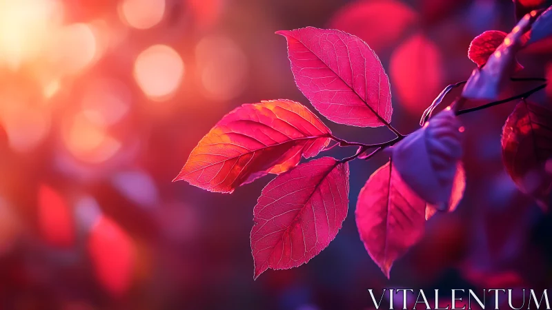 Macro study of crimson foliage in radiant bokeh light field.