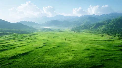 Endless emerald valley drifting toward misty blue peaks.