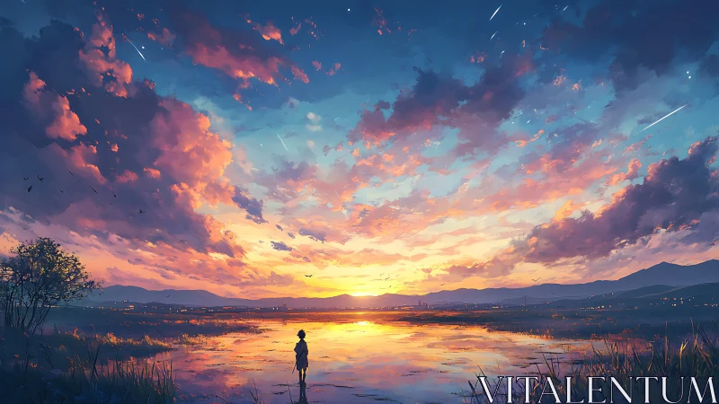 Expansive sunset sky reflects across flooded plain with lone figure