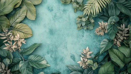 Green tropical leaves frame textured teal background space