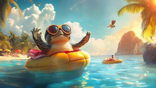 Sunglassed turtle vacation king rides a golden floaty paradise.