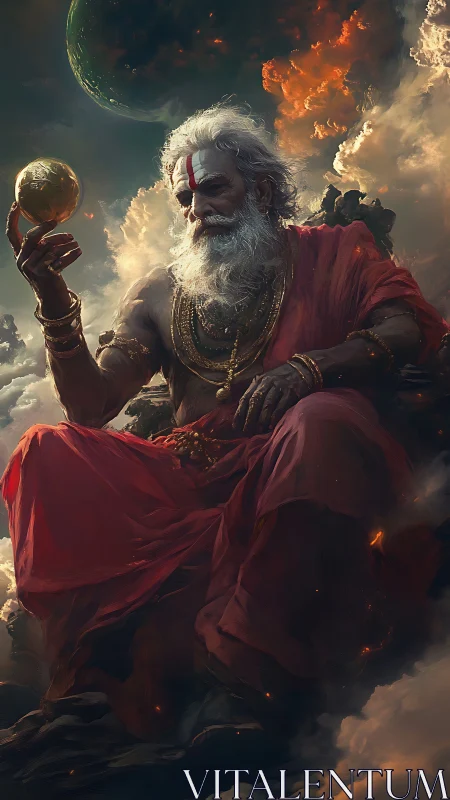 Cosmic sage cradles a molten world in stormlit twilight