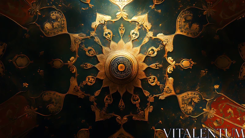 Ornate golden radial ceiling medallion centered on dark dome
