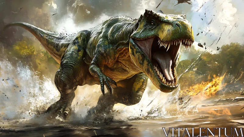 Roaring thunder-lizard charges through flaming primeval chaos.