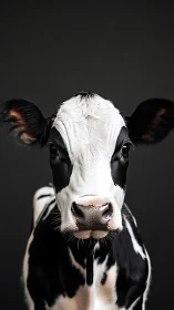 Holstein calf frontal portrait on dark studio background.