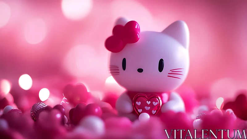 Hello Kitty Character with Rose Bow Against Bokeh Background.