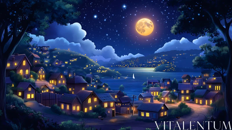 Cozy lakeside village under bright full moon night sky.