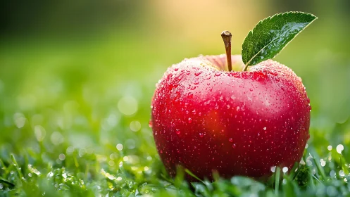 Red apple with water droplets resting on wet green grass