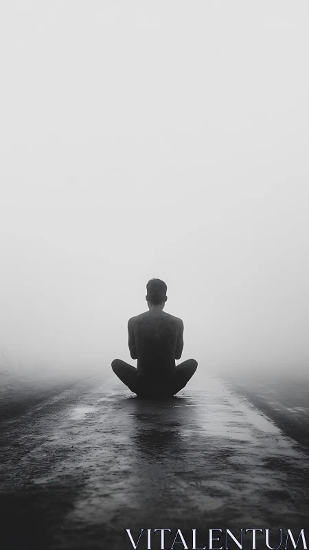Backlit seated figure in fog-dense vanishing roadway field.
