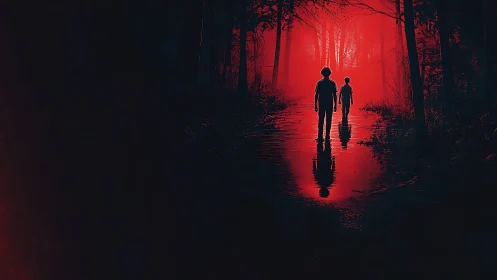 Two silhouetted figures walk through flooded forest path