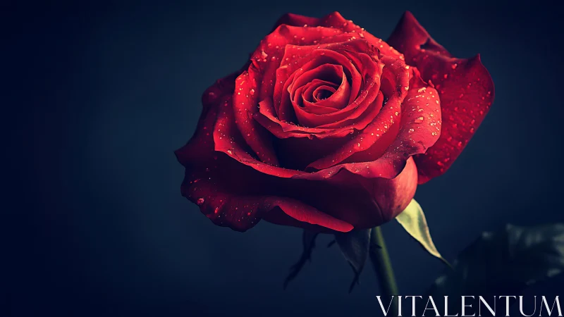 Crimson Rose with Dewdrops: High-contrast botanical macro photography with dramatic backlighting