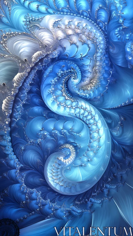 Parametric blue fractal spiral renders recursive feathered waveforms