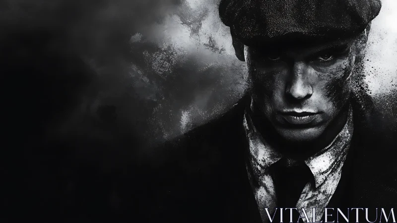 Brooding noir gangster dissolves into swirling darkness.