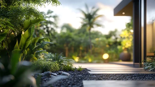 Modern Home Blurs into Tropical Garden at Dusk