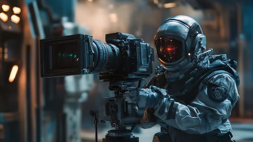 Cinematic space suit operator adjusts large-format camera on tripod mount