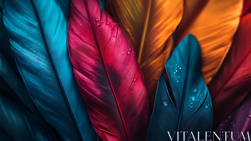 Chromatic macro study of water-beaded avian feather arrays.