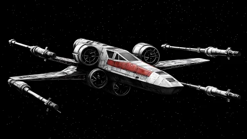 Rendered spacefighter model is shown against a star field
