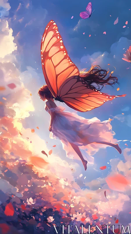 Softly drifting butterfly-winged girl glides through glowing sky