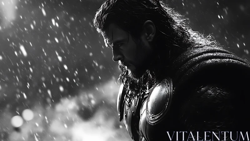 Brooding armored warrior stands in driving monochrome rain