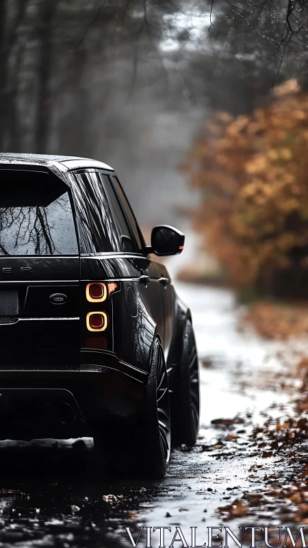 Black SUV stands on wet forest lane under overcast sky