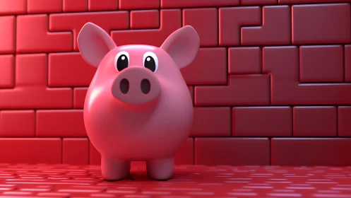 Cute pink piggy bank on red geometric background, 3D illustration.