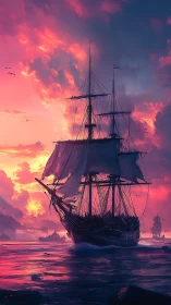 Sunset frigate sails through iridescent clouds and reflective sea