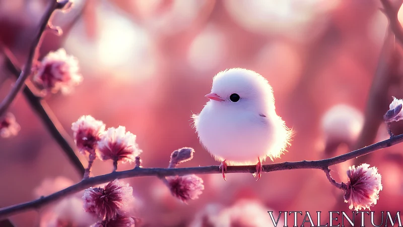 Fluffy White Bird Perched on Blooming Pink Branch.