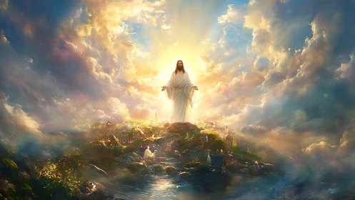 Central robed figure stands on illuminated hill amid clouds