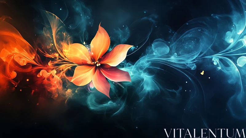 Fiery orange flower emerging in swirling blue smoke
