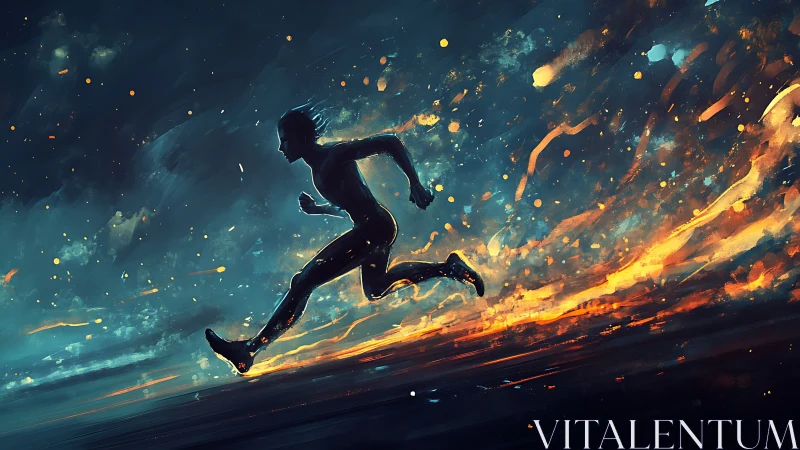 Silhouette runner sprints through glowing streaked night