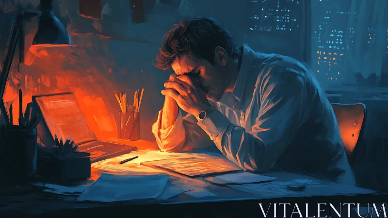Overworked office analyst under warm lamp glow at night desk