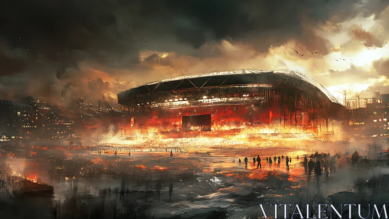 Apocalyptic stadium complex glows amid smoke, haze and silhouettes