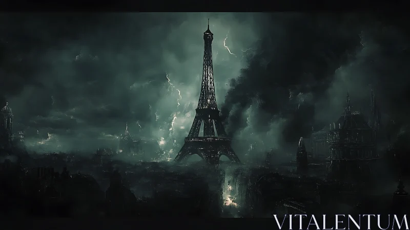 Stormlit Eiffel Tower rises over a moody, fogbound Paris