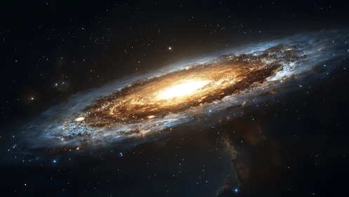 Golden spiral galaxy drifting through a starlit void.