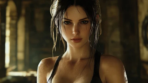 Digital portrait shows wet-haired woman in dim interior