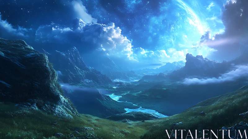 Luminescent exoplanet valley under stratified nebular nightscape.