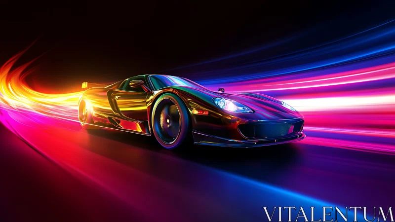 Neon supercar racing through vibrant light trails at speed.